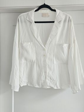 Sancia Relaxed White Button-Front Pocket Shirt Bell Sleeve Oversized Small
